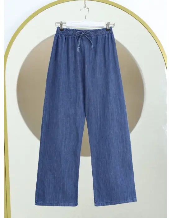 Bol Paça Beli Lastikli Bağcık Detaylı Kot Pantolon  -Koyu Mavi