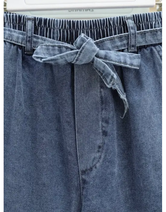 Bol Paça Beli Lastikli Kuşaklı Kot Pantolon -Buz Mavi