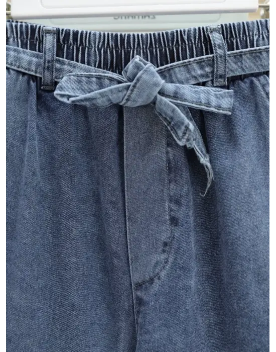 Omarı Lastikli Kuşaklı Kot Pantolon - Buz Mavi