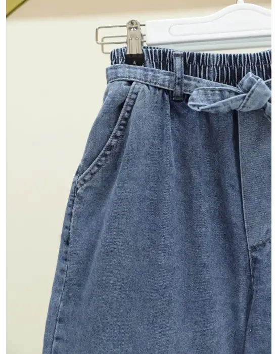 Omarı Lastikli Kuşaklı Kot Pantolon - Buz Mavi