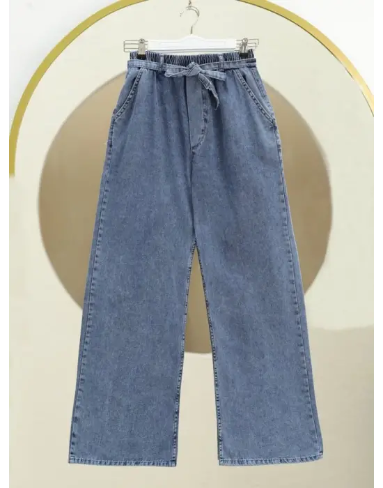 Omarı Lastikli Kuşaklı Kot Pantolon - Buz Mavi
