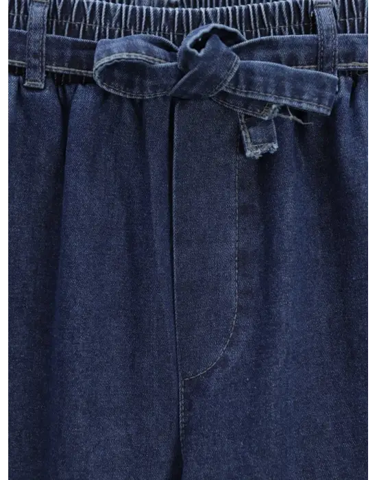 Bol Paça Beli Lastikli Kuşaklı Kot Pantolon -İndigo