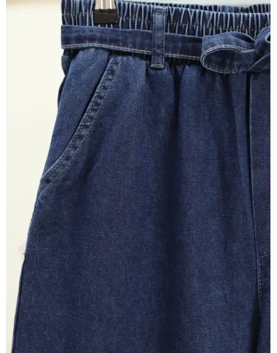 Bol Paça Beli Lastikli Kuşaklı Kot Pantolon -İndigo