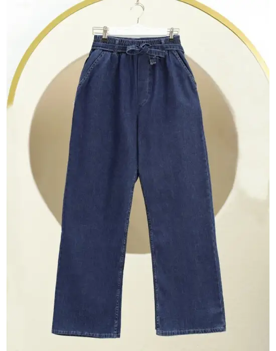 Bol Paça Beli Lastikli Kuşaklı Kot Pantolon -İndigo