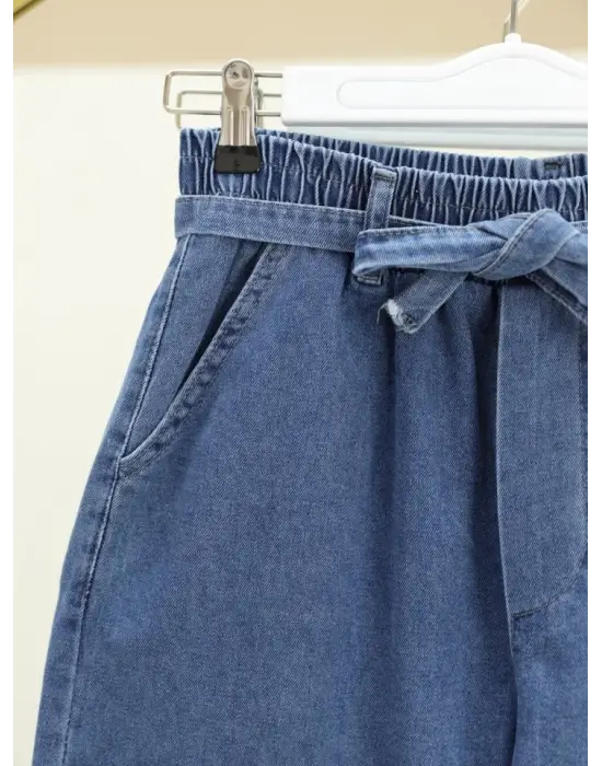 Omarı Bol Paça Beli Lastikli Kot Pantolon - Koyu Mavi