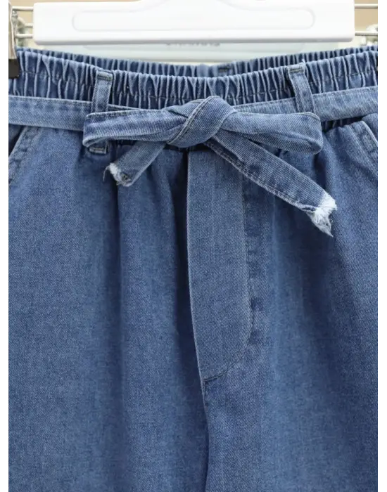 Bol Paça Beli Lastikli Kuşaklı Kot Pantolon -Koyu Mavi