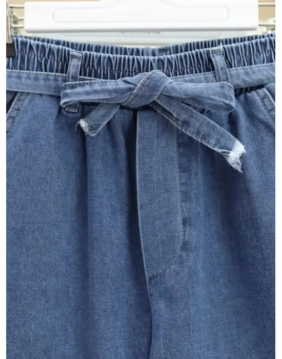 Omarı Bol Paça Beli Lastikli Kot Pantolon - Koyu Mavi