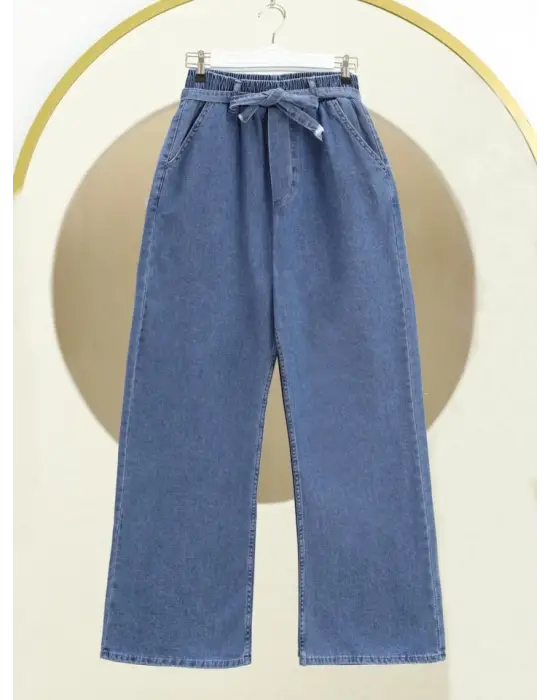 Bol Paça Beli Lastikli Kuşaklı Kot Pantolon -Koyu Mavi