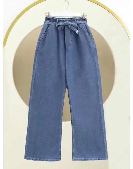 Omarı Bol Paça Beli Lastikli Kot Pantolon - Koyu Mavi