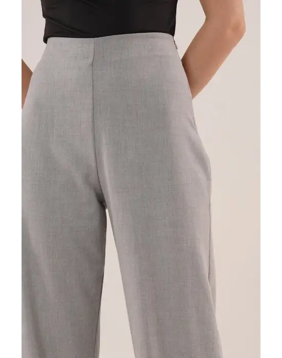 Bol Paça Yandan Fermuarlı Gri Kumaş Pantolon