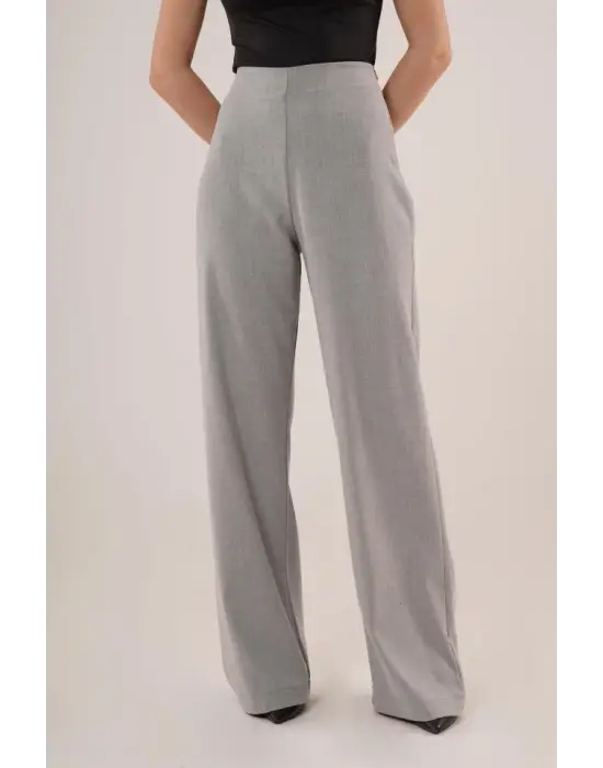 Bol Paça Yandan Fermuarlı Gri Kumaş Pantolon