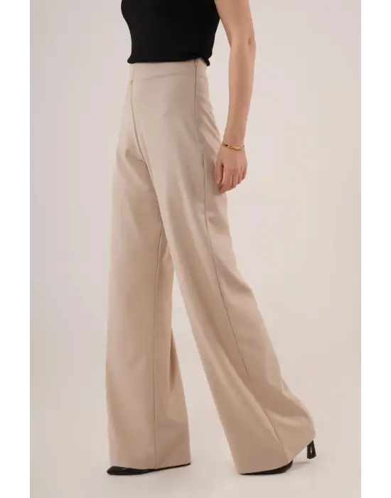 Bol Paça Yandan Fermuarlı Krem Kumaş Pantolon