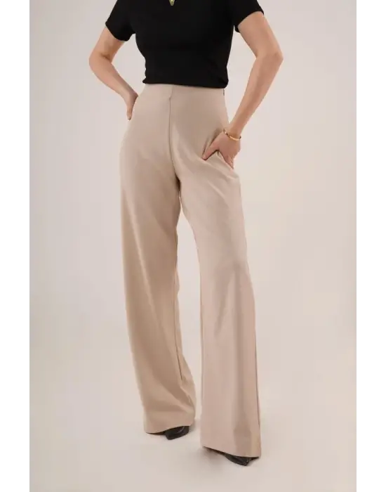 Bol Paça Yandan Fermuarlı Krem Kumaş Pantolon