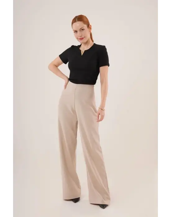 Bol Paça Yandan Fermuarlı Krem Kumaş Pantolon