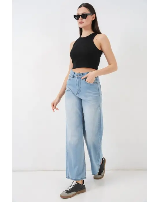 Bol Paça Yüksek Bel Palazzo Kot Pantolon 6656 - Açık Mavi