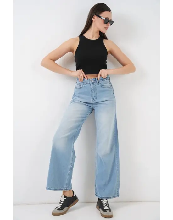 Bol Paça Yüksek Bel Palazzo Kot Pantolon 6656 - Açık Mavi