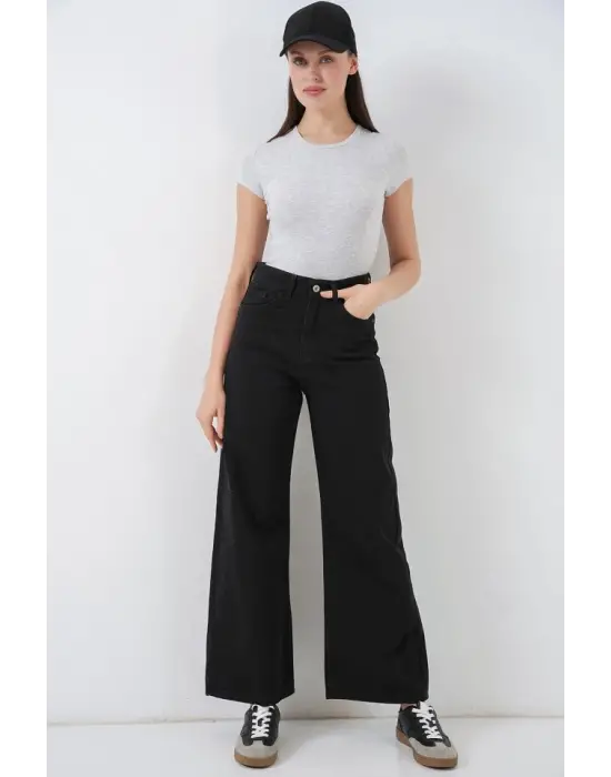 Bol Paça Yüksek Bel Palazzo Kot Pantolon 6656 - D. Siyah