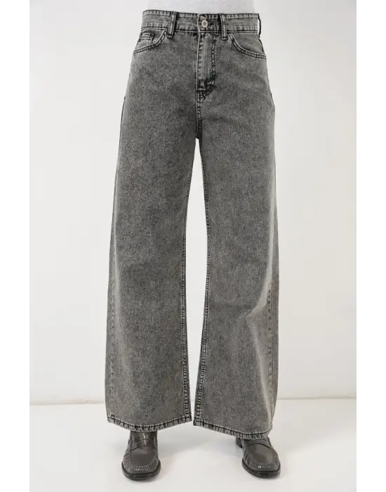 Bol Paça Yüksek Bel Palazzo Kot Pantolon 6656 - Gri