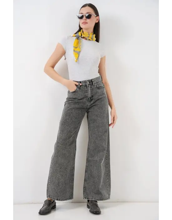 Bol Paça Yüksek Bel Palazzo Kot Pantolon 6656 - Gri