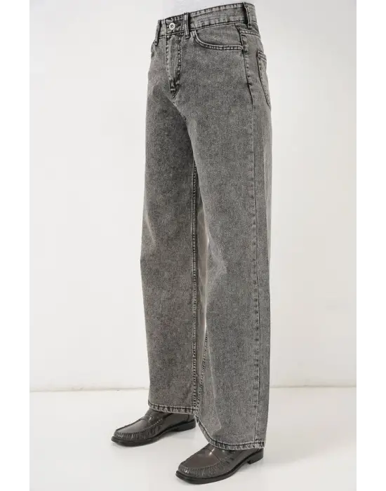 Bol Paça Yüksek Bel Palazzo Kot Pantolon 6656 - Gri