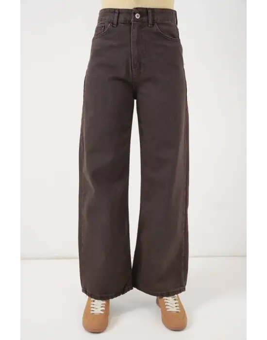 Bol Paça Yüksek Bel Palazzo Kot Pantolon 6656 - Kahverengi