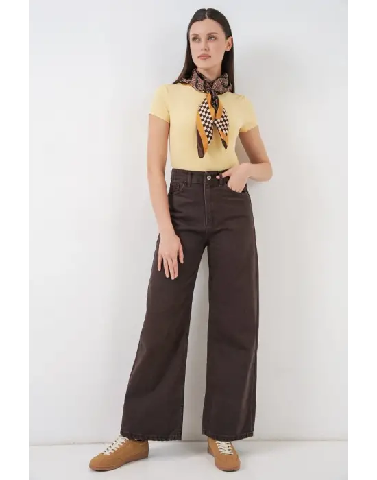 Bol Paça Yüksek Bel Palazzo Kot Pantolon 6656 - Kahverengi