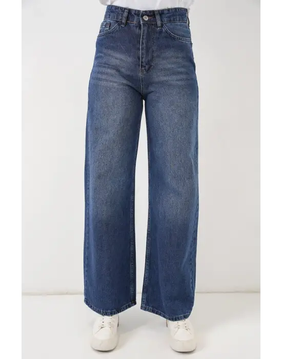 Bol Paça Yüksek Bel Palazzo Kot Pantolon 6656 - Lacivert