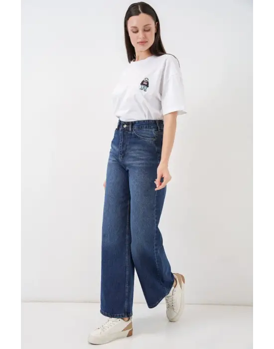 Bol Paça Yüksek Bel Palazzo Kot Pantolon 6656 - Lacivert