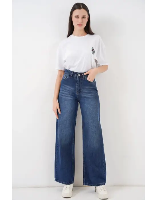 Bol Paça Yüksek Bel Palazzo Kot Pantolon 6656 - Lacivert