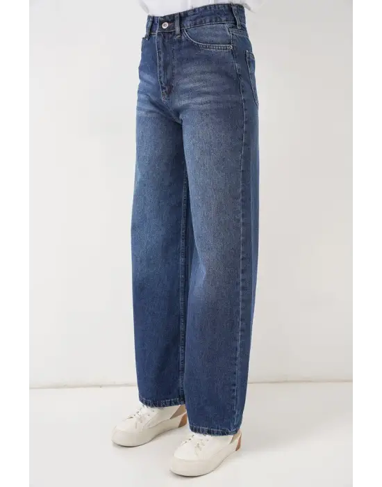 Bol Paça Yüksek Bel Palazzo Kot Pantolon 6656 - Lacivert