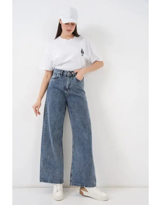 Bol Paça Yüksek Bel Palazzo Kot Pantolon 6656 - Mavi