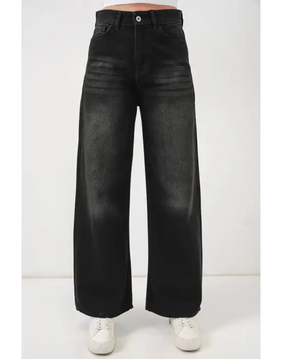 Bol Paça Yüksek Bel Palazzo Kot Pantolon 6656 - Siyah