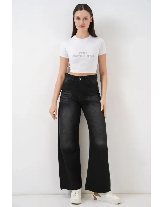 Bol Paça Yüksek Bel Palazzo Kot Pantolon 6656 - Siyah