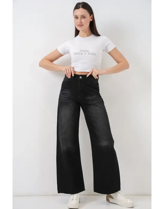 Bol Paça Yüksek Bel Palazzo Kot Pantolon 6656 - Siyah