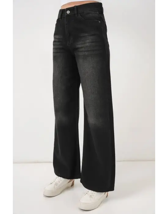 Bol Paça Yüksek Bel Palazzo Kot Pantolon 6656 - Siyah