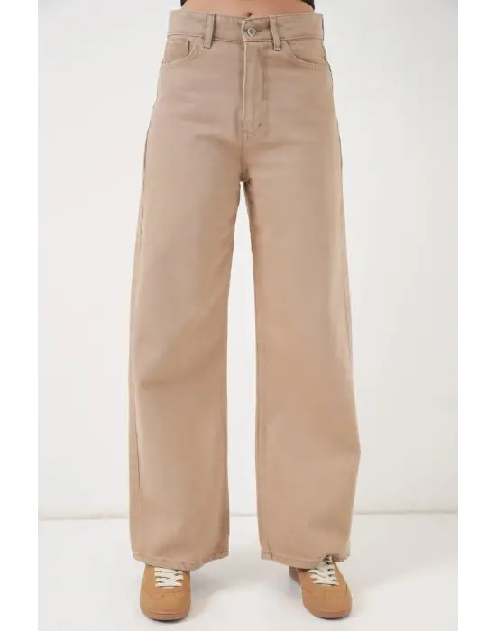 Bol Paça Yüksek Bel Palazzo Kot Pantolon 6656 - Vizon