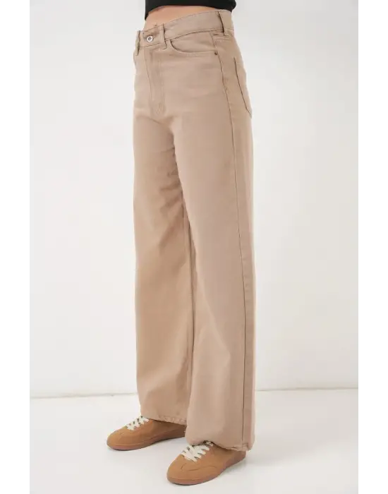 Bol Paça Yüksek Bel Palazzo Kot Pantolon 6656 - Vizon