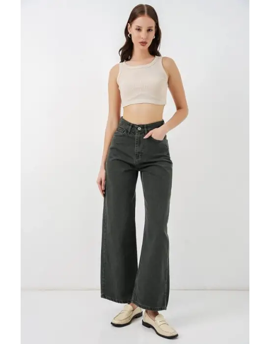 Bol Paça Yüksek Bel Palazzo Kot Pantolon 6656 - Yeşil
