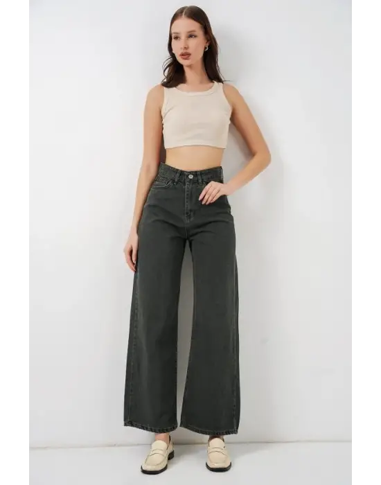 Bol Paça Yüksek Bel Palazzo Kot Pantolon 6656 - Yeşil