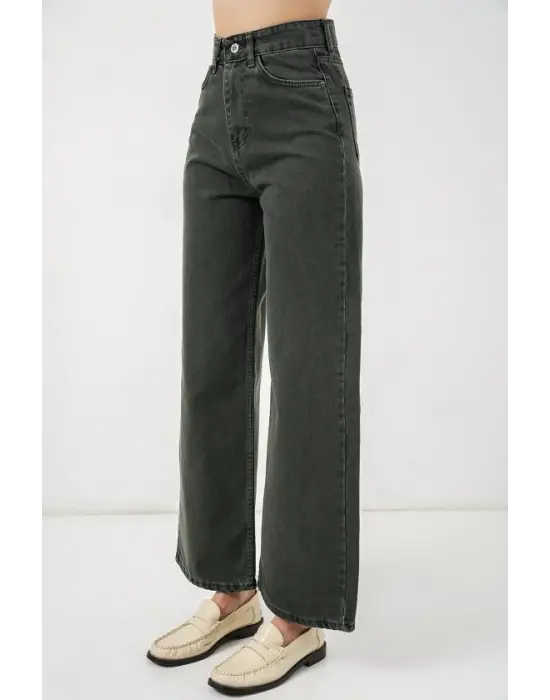 Bol Paça Yüksek Bel Palazzo Kot Pantolon 6656 - Yeşil