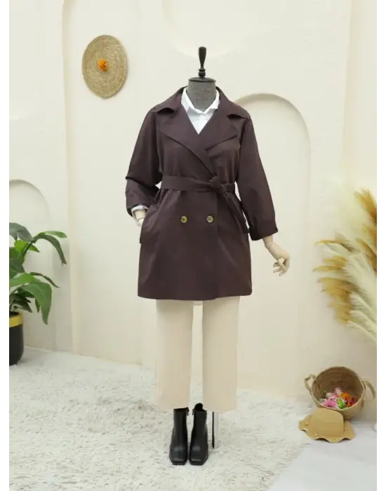 Bolero Detaylı Düğmeli Ara Boy Trençkot -Mürdüm