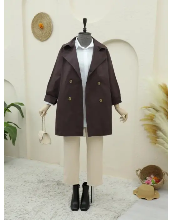 Bolero Detaylı Düğmeli Ara Boy Trençkot -Mürdüm
