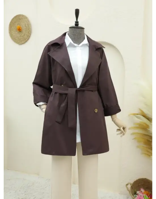 Bolero Detaylı Düğmeli Ara Boy Trençkot -Mürdüm