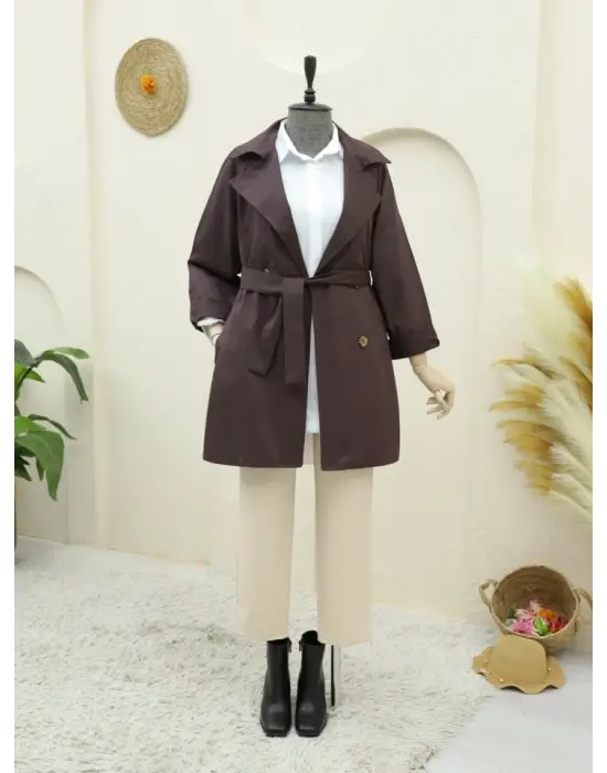 Bolero Detaylı Düğmeli Ara Boy Trençkot -Mürdüm