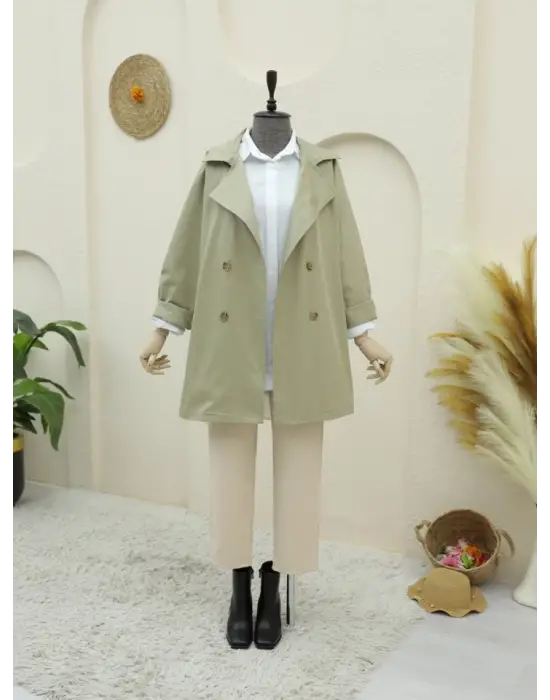 Bolero Detaylı Düğmeli Ara Boy Trençkot -Taş