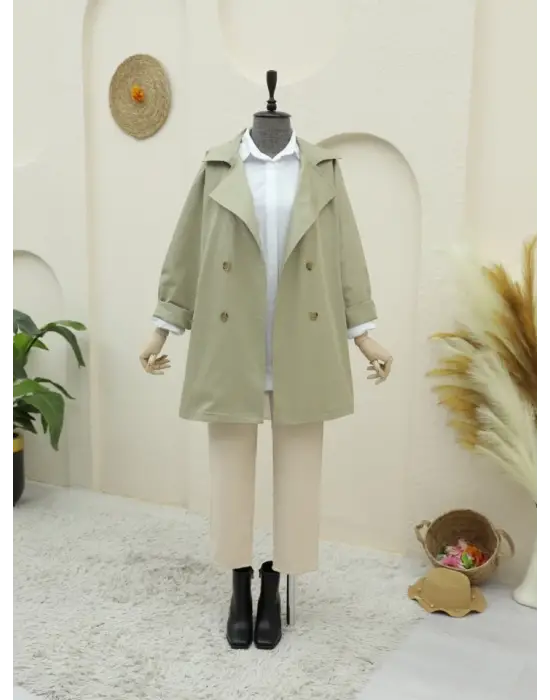 Omarı Detaylı Düğmeli Ara Boy Trençkot