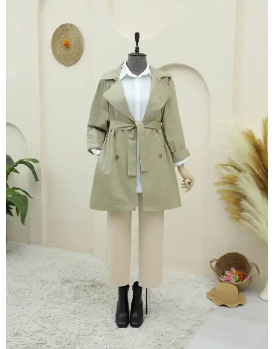 Omarı Detaylı Düğmeli Ara Boy Trençkot