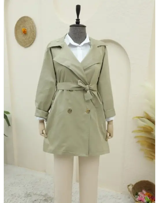 Bolero Detaylı Düğmeli Ara Boy Trençkot -Taş