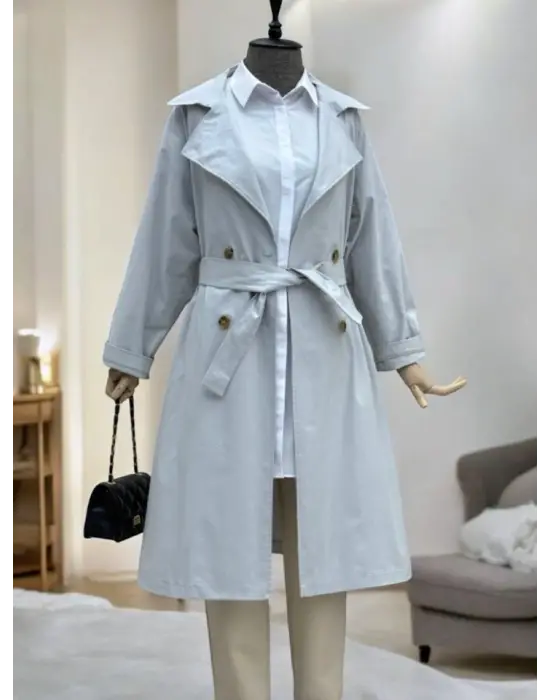 Bolero Detaylı Kemerli Araboy Trençkot -Açık Gri