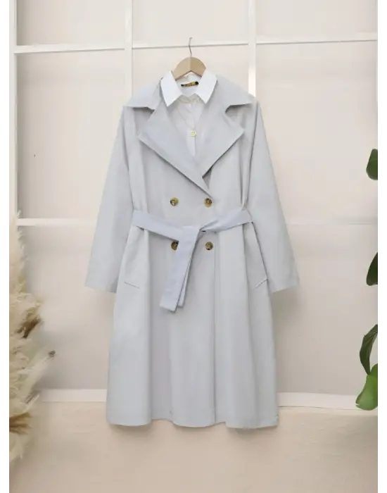 Bolero Detaylı Kemerli Araboy Trençkot -Açık Gri